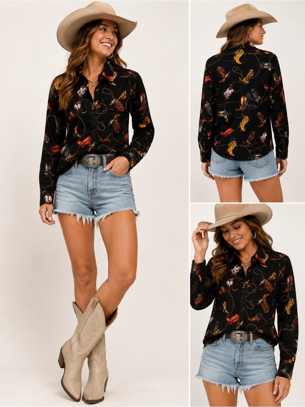 Vintage Roper Western Cowboy Boots Print Button Shirt 15/16